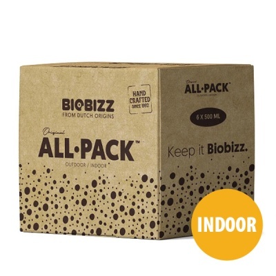 Caixa de cartão biobizz all-pack com texto e padrão de bolinhas pretas