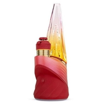 Vaporizador portátil vermelho com cúpula de vidro amarelo e rosa