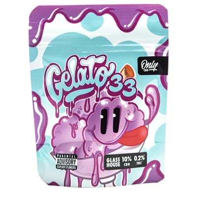 Embalagem colorida de Gelato 33 com personagem roxo e texto informativo