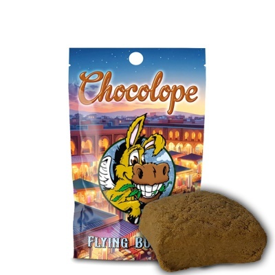 Pacote do produto Chocolope com ilustração de burro e bloco marrom