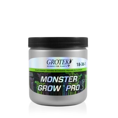 Frasco cinza com tampa preta e rótulo colorido de produto para plantas Monster Grow Pro