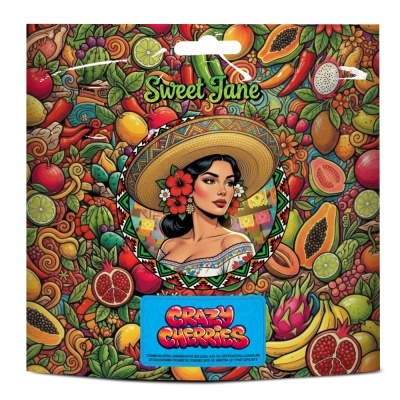 Embalagem colorida com ilustração de mulher com chapéu e frutas tropicais
