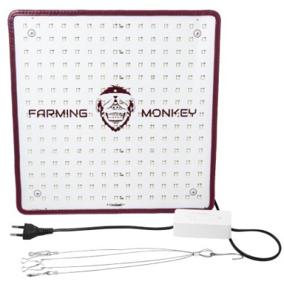 Painel LED branco e vermelho para cultivo com texto FARMING MONKEY e controlador com cabo preto