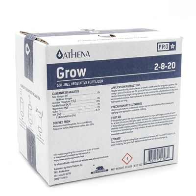 Caixa branca e azul de fertilizante solúvel Athena Grow PRO 2-8-20 com texto e código de barras