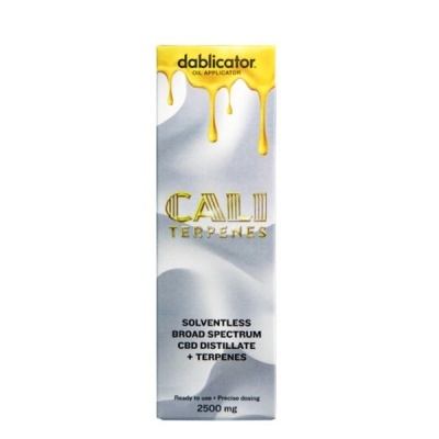 Embalagem de aplicador de óleo Dablicator Cali Terpenes com texto informativo e design moderno