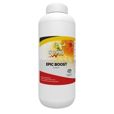 Frasco branco de plástico HY-PRO EPIC BOOST com rótulo colorido e texto legível