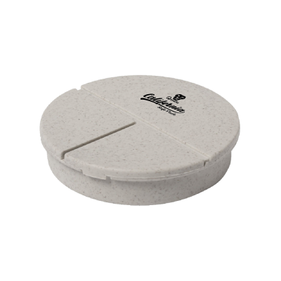 Tampa redonda branca com inscrição preta e três segmentos