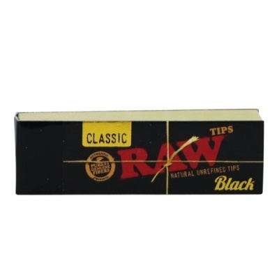 Embalagem de pontas RAW Classic Black preta com texto colorido