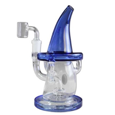 Bong de vidro transparente com detalhes azuis em fundo branco