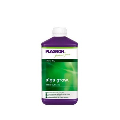 Embalagem plástica roxa de produto Alga Grow com rótulo verde e branco