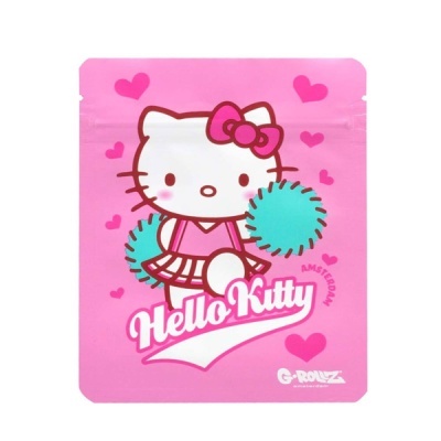 Embalagem rosa com desenho da Hello Kitty animadora e texto Hello Kitty.