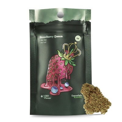 Embalagem de CBD Strawberry Queen com morango e coroa