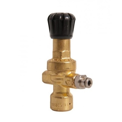 Regulador de pressão metálico dourado com botão preto e conexão lateral