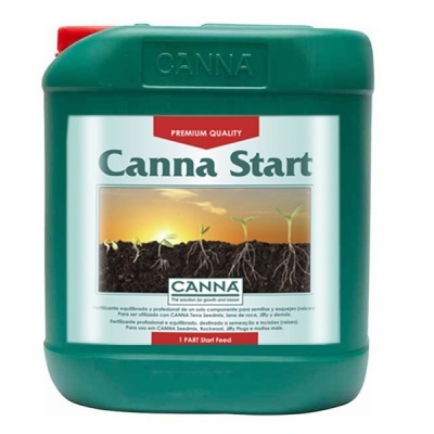 Recipiente verde de fertilizante Canna Start com imagem de crescimento de plantas na etiqueta