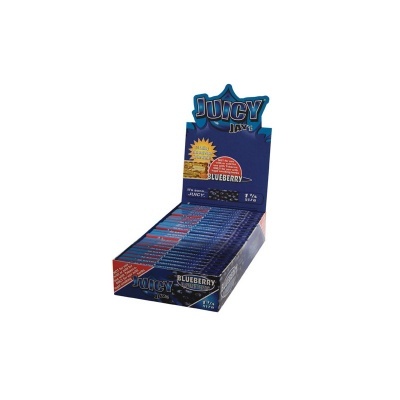 Expositor azul com pacotes de papel de enrolar Juicy Jay's sabor Blueberry.