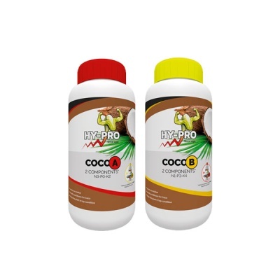 Frascos HY-PRO COCO A e B para cultivo de coco com tampas vermelha e amarela