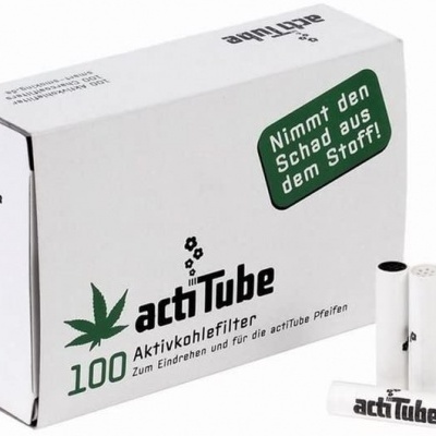 Caixa branca de filtros actiTube com texto em alemão e filtro branco com logótipo