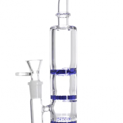 Bong de vidro transparente com detalhes azuis em anéis e base redonda azul