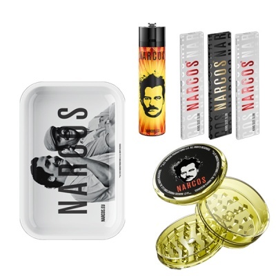 Conjunto do produto Temático NARCOS com tabuleiro, isqueiro, caixas para papel e moedor.