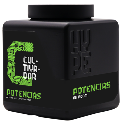 Frasco preto quadrado com rótulo verde e branco e texto CULTIVADOR POTENCIAS
