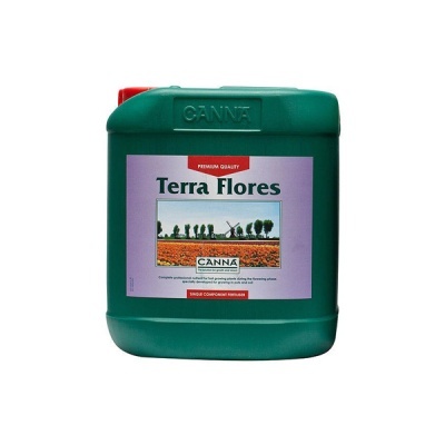 Recipiente verde de fertilizante Terra Flores da CANNA com tampa vermelha e etiqueta roxa