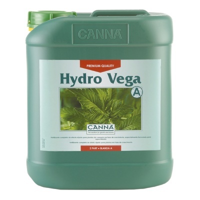 Recipiente verde de plástico com rótulo de fertilizante Canna Hydro Vega A