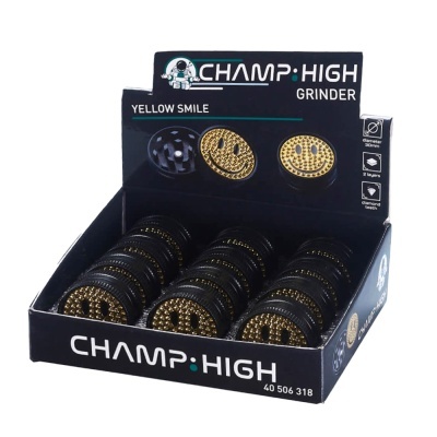 Expositor com 15 trituradores CHAMP HIGH YELLOW SMILE pretos com smile dourado