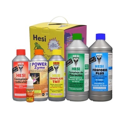 Conjunto de seis frascos de fertilizantes HESI coloridos com texto em espanhol