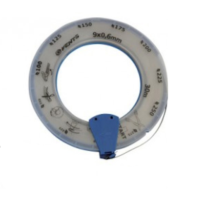 Rolo de linha branco com parte azul e texto preto