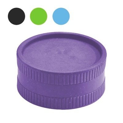 tubo plástico roxo com tampa de rosca e círculos coloridos