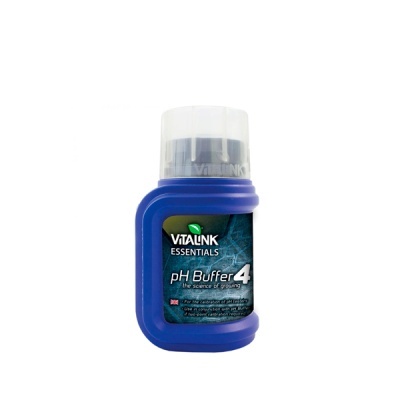 Frasco de plástico azul com tampa transparente e rótulo Vitalink Essentials pH Buffer 4