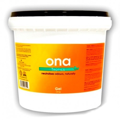 Balde branco com tampa preta e rótulo laranja da marca ona Tropics com gel de 3.8 kg.