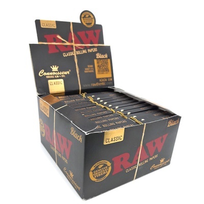 Expositor de papel de enrolar RAW Classic preto com texto em vermelho e dourado
