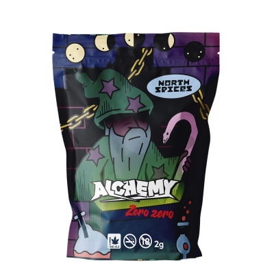 Embalagem Alchemy Zero zero com feiticeiro verde e símbolos THC 0.3, 18+, 2g
