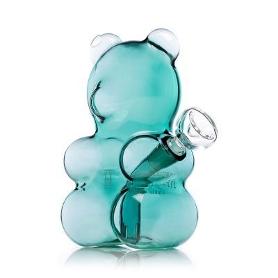 vaso de vidro azul turquesa em forma de ursinho com bocal transparente