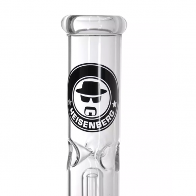 Tubo de vidro transparente com imagem preta e branca de rosto estilizado e texto 'sr HEISENBERG'