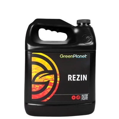 Frasco preto com rótulo preto e amarelo com texto REZIN