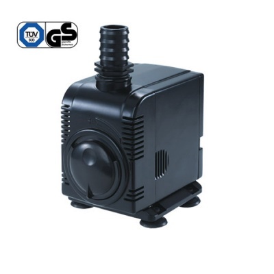 Bomba de água preta em plástico com ventilação nas laterais e saída cilíndrica superior.