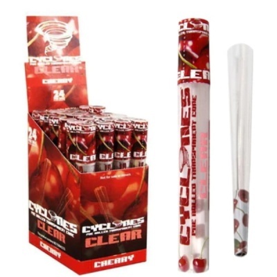 Expositor de tubos transparentes com objetos vermelhos e texto CYCLOPES CLEAR CHERRY