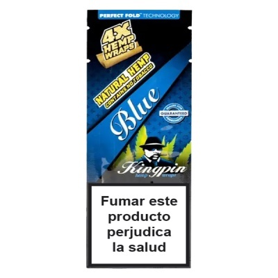 Embalagem azul de papelote para enrolar com texto em espanhol de aviso de saúde