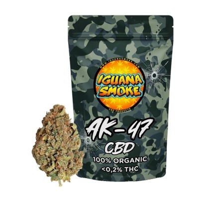 Embalagem camuflada de CBD AK-47 da Iguana Smoke com flor de cânhamo