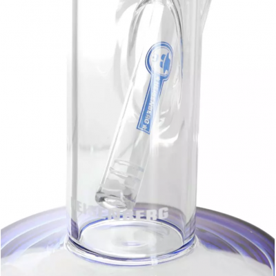 Base azul com vidro transparente e tubo interno, etiqueta azul com símbolo branco