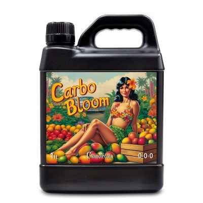 Frasco preto com etiqueta colorida e texto Carbo Bloom
