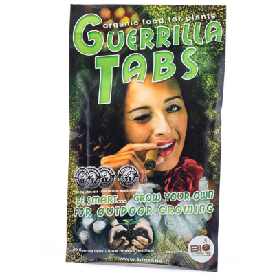 Pacote de fertilizante Guerrilla Tabs com imagem de mulher e texto em inglês