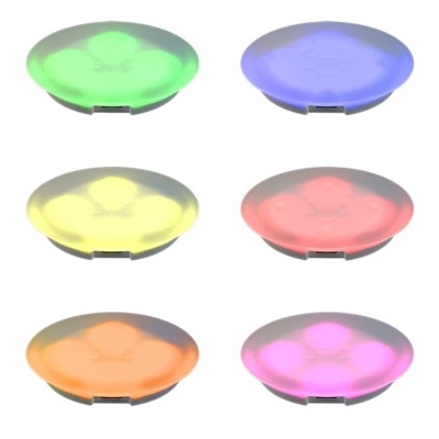 Seis bases circulares coloridas translúcidas em duas filas sobre fundo branco