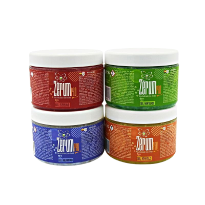 Quatro frascos de creme Zerum Pro em várias cores com tampas brancas