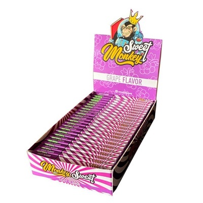 Expositor com palhetas Sweet Monkey sabor uva roxas e rosa com imagem de macaco com coroa