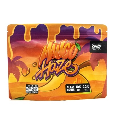 Embalagem colorida de produto Mango Haze com texto e selo de advertência