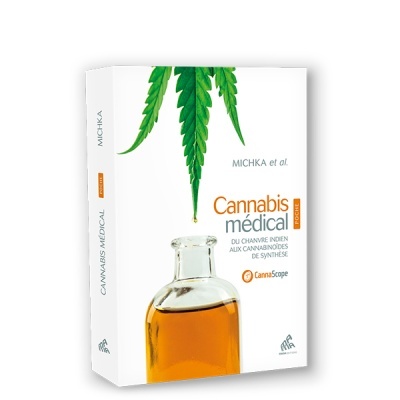 Livro Cannabis médical com folha de cannabis e frasco de vidro