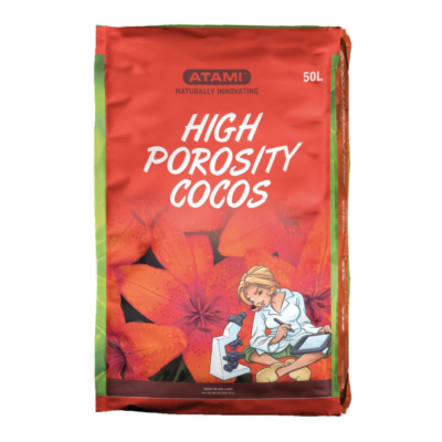 Saco de substrato vermelho com design florido e texto ATAMI HIGH POROSITY COCOS 50L